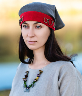 Slavic triangular linen scarf with linen trim, decorated with bronze temple rings