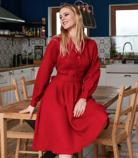Natural linen long-sleeved vintage-style dress with flared skirt