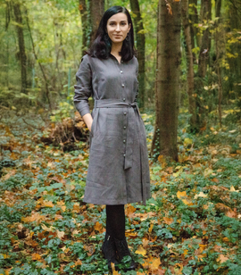Natural linen button-front shirt dress with stand-up collar and pockets