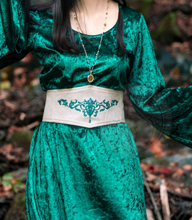 Elf embroidered faux suede corset belt with cotton lining
