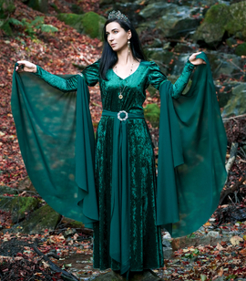 Velvet fantasy dress with detachable chiffon sleeves and a belt