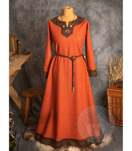 Early medieval wide wool dress decorated with checkered wool trims