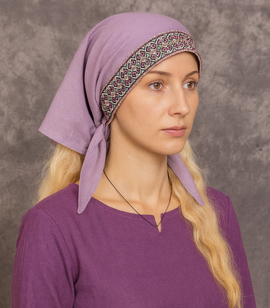 Linen triangular scarf with geometric trim in Slavic-rustic style