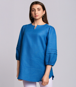 Natural linen tunic with 3/4 sleeves and shoulder cross-stitch embroidery