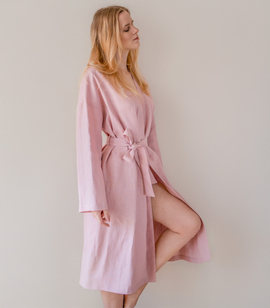 Minimalist women's linen robe with belt and flared sleeves