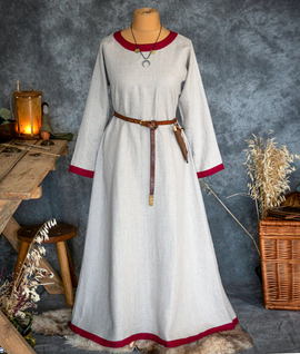 Wide linen dress with a round neckline and narrow linen trims