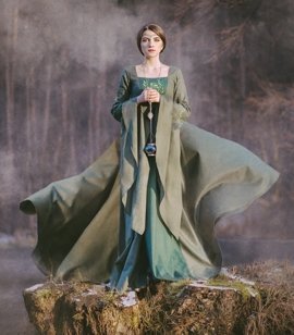 LADY OF THE LAKE - Wide fantasy cotton satin dress with wide embroidered sleeves and a satin panel at front