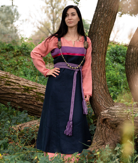 Early Medieval long linen apron dress with silk