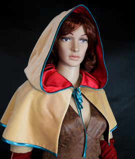 Beige velvet hood of the sorceress Triss Merigold with red satin lining