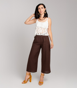 Straight linen trousers with elastic waistband and pockets
