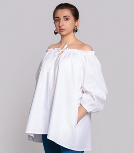 Off-shoulder natural linen blouse with drawstring neckline and hidden pockets