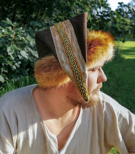 Triangular wool hat with handwoven trim and natural silk