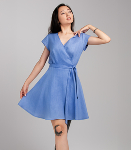 Linen wrap mini dress with short sleeves