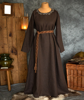 Slavic linen dress with hand-embroidered round neckline