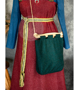 Early medieval wool bag with linen lining and wooden handle