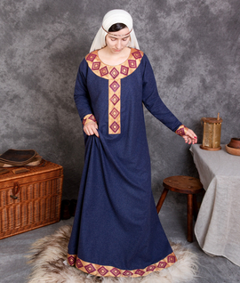 Early medieval royal wool dress with hand-stamped silk