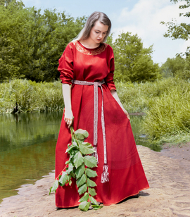 Slavic linen dress with hand-embroidered round neckline