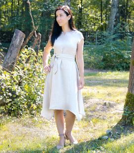 Natural linen asymmetrical short-sleeved midi dress with linen belt