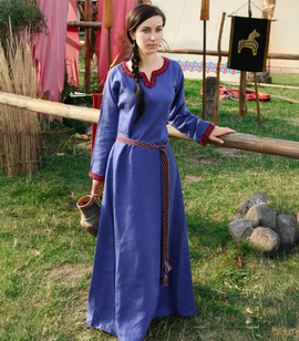 Early Medieval linen dress with tablet trim on the neckline and cuffs