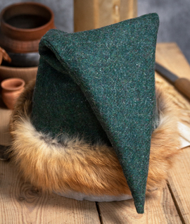Early medieval triangular wool cap/hat with linen lining, trimmed with natural fur