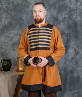 Rich caftan/coat with 100% linen lining, wool hems and silk stripes