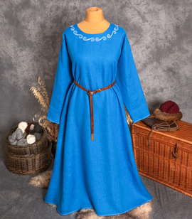 Early Medieval linen dress with hand-embroidered round neckline