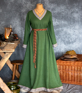 Wide folk-style natural linen dress with V-Neck and geometric trim