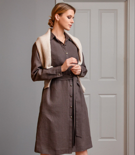 Natural linen button-front shirt dress with stand-up collar and pockets