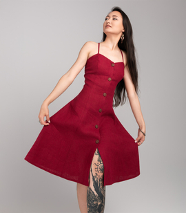 Natural linen button-front sundress with straps and back lacing