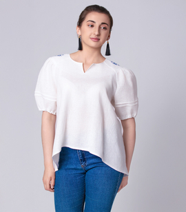 Natural linen asymmetrical blouse with short puff sleeves and embroidered shoulders