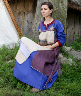 Scandinavian linen apron dress with front panel decorated with natural silk and woolen trim